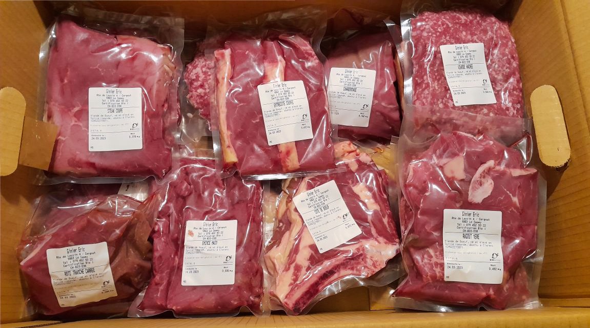 Lot de viande de bœuf bio sous vide en carton, 10 kg